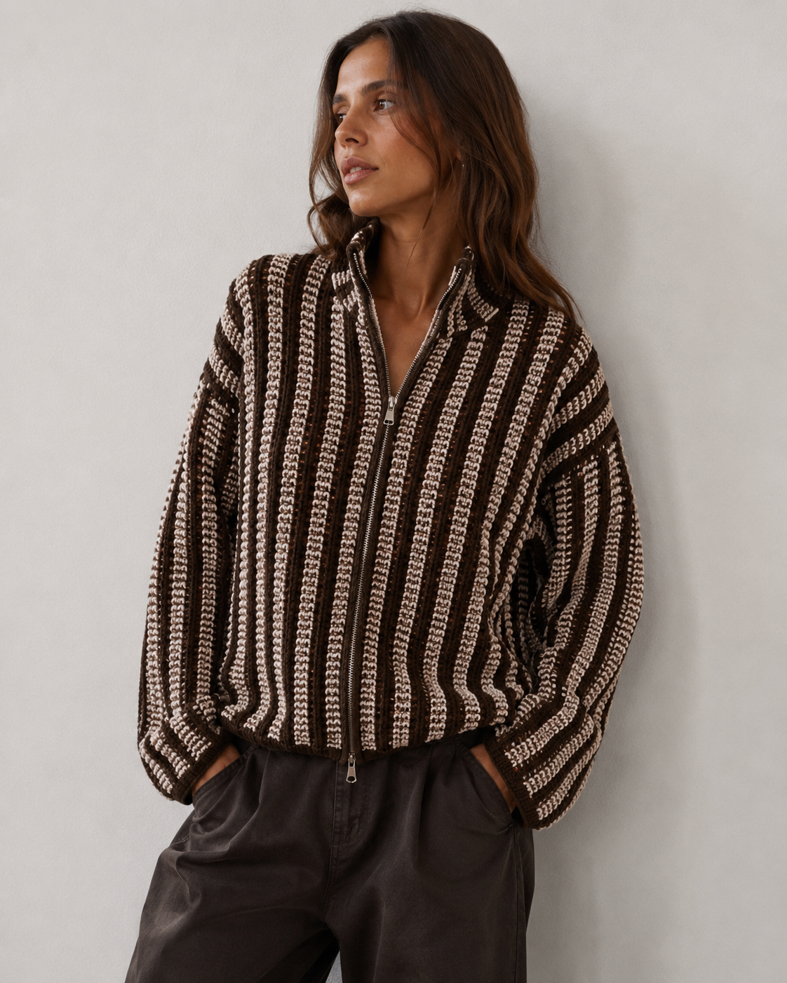 Choco Stripes Zip Knit