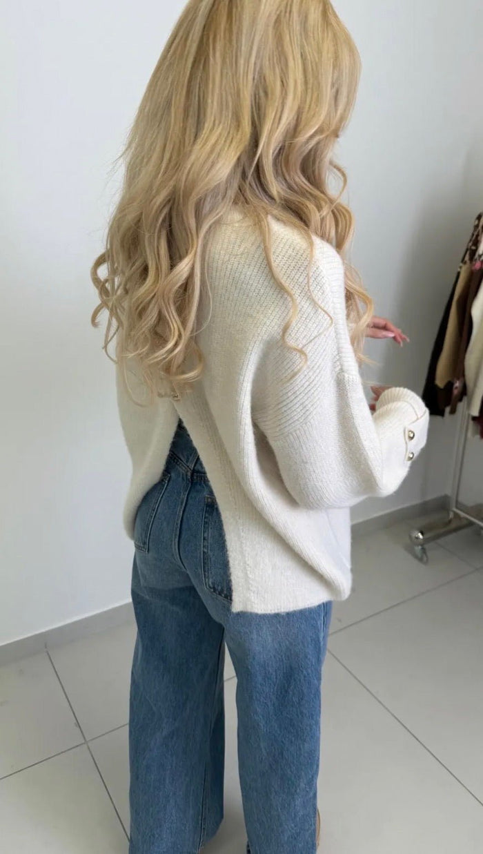 Back Split Gold Button Knit Pullover - Anmolino