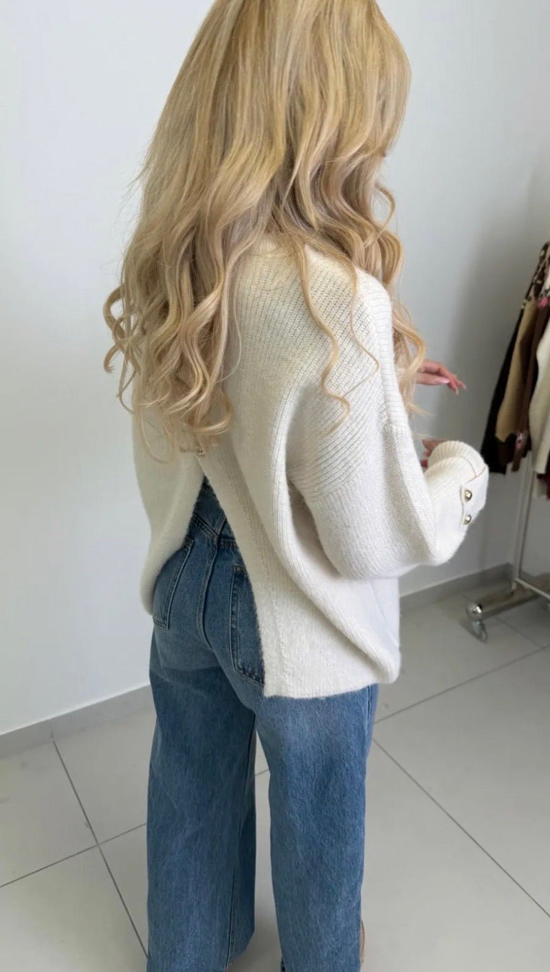 Back Split Gold Button Knit Pullover - Anmolino