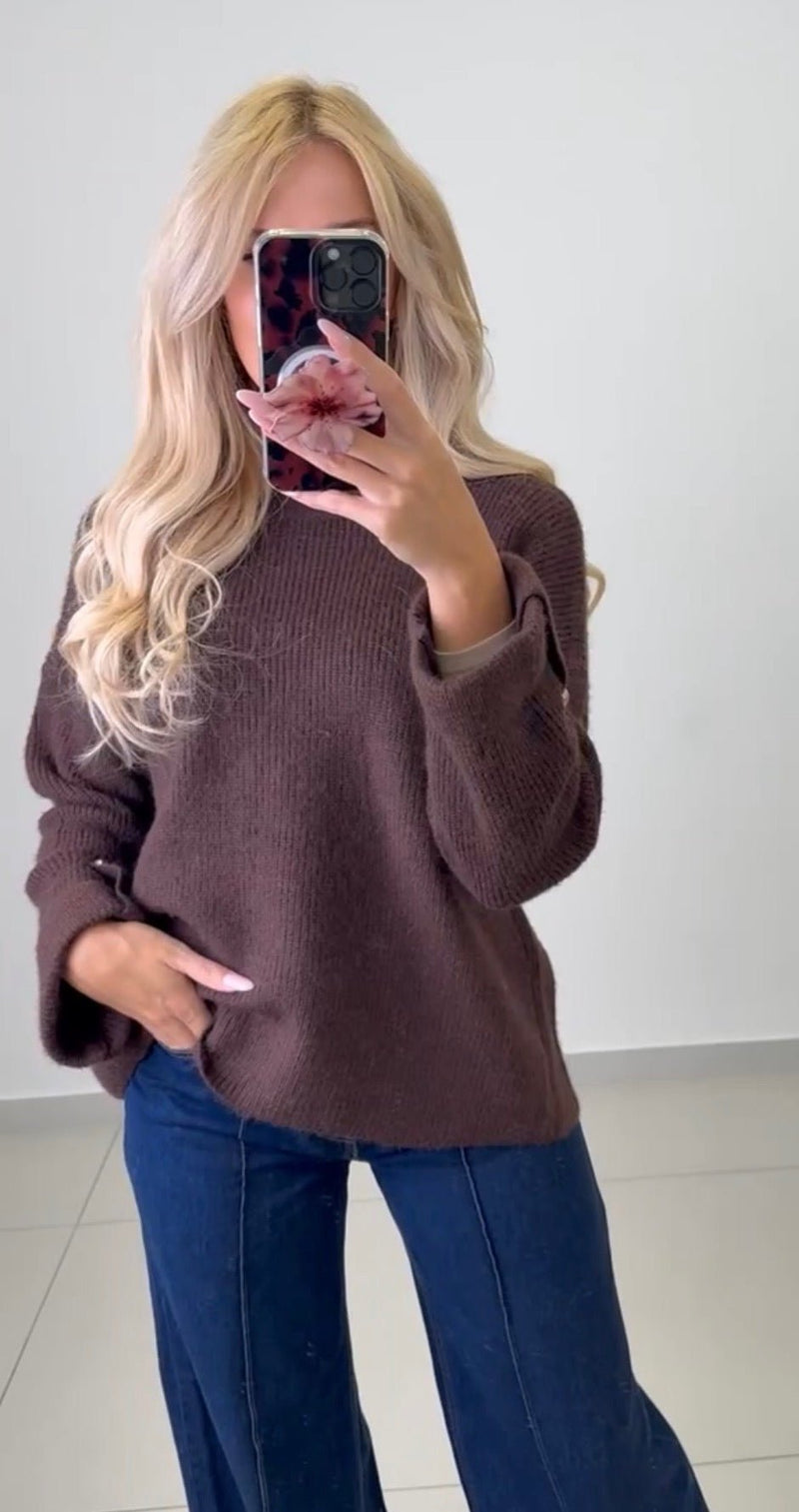 Back Split Gold Button Knit Pullover - Anmolino