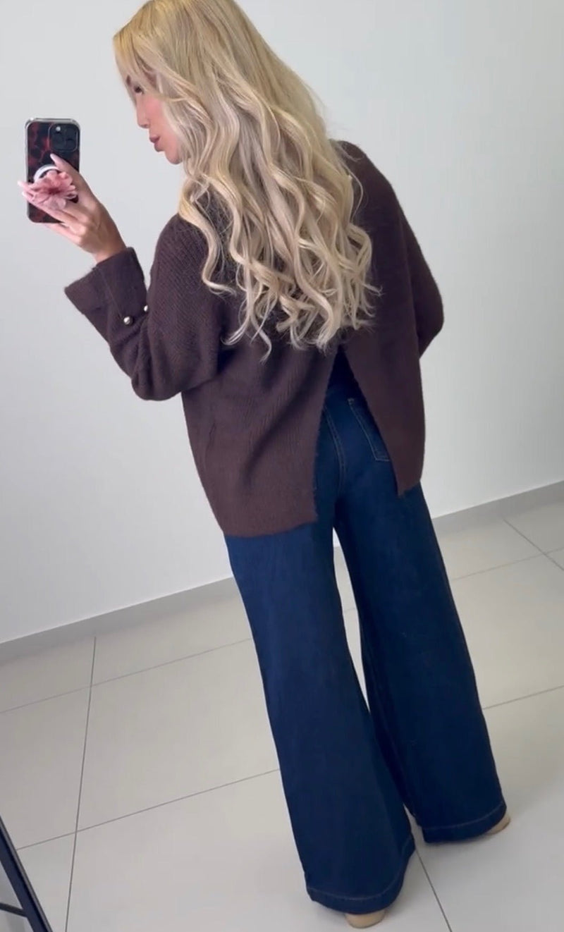 Back Split Gold Button Knit Pullover - Anmolino