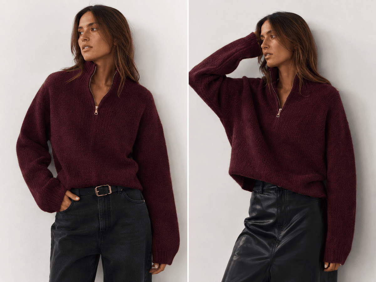 Burgundy Cozy Zip Knit - Anmolino